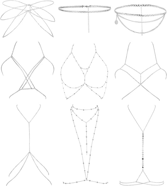 YOVORO 9PCS Sexy Belly Waist Chain for Women Bikini Body Chain Beach Bra Chain Jewelry Set Apparel & Accessories > Jewelry > Body Jewelry YOVORO Silver