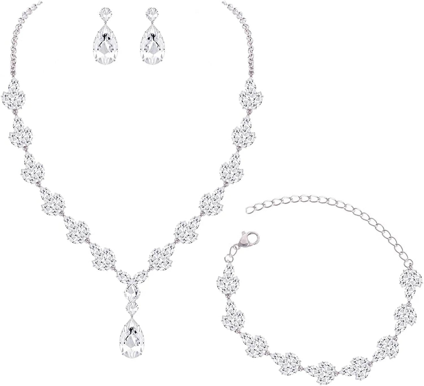 YSOUL CZ Zirconia Necklace Earrings Bracelet Jewelry Sets for Prom Wedding Bridal Bridesmaid White Gold