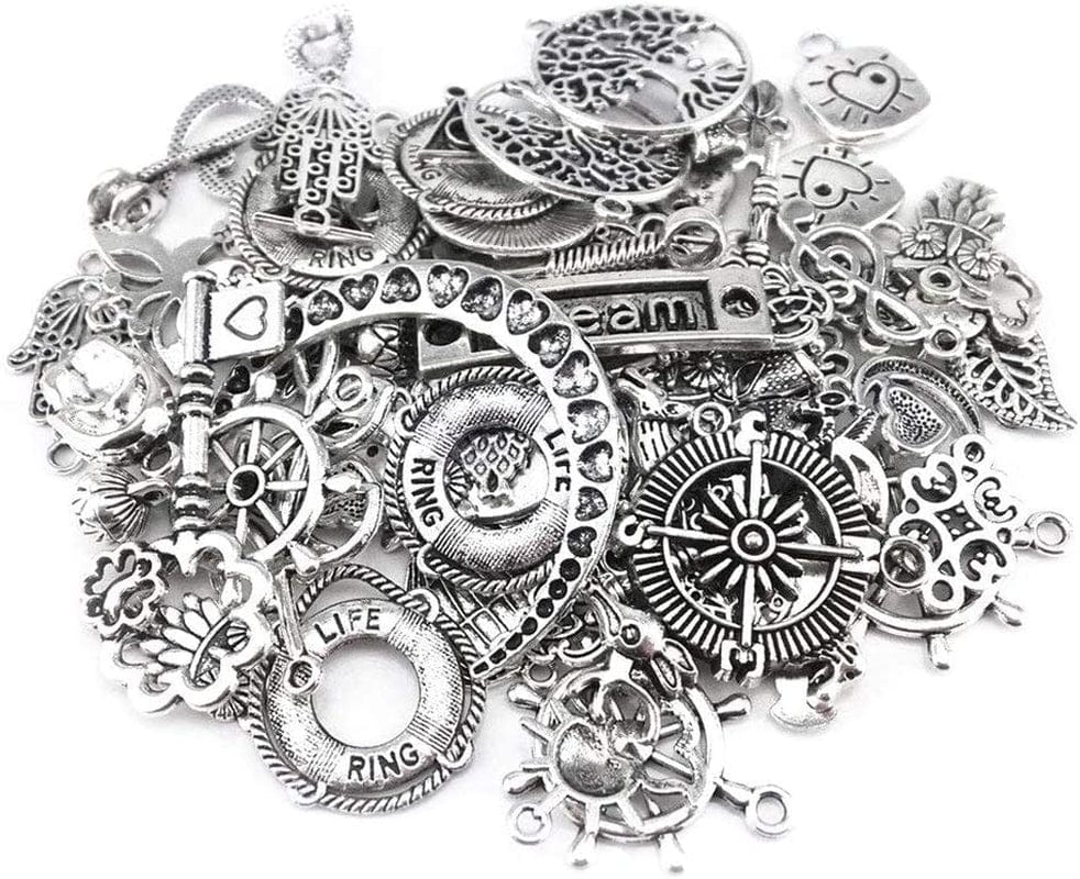 Yueton 100 Gram (Approx 70Pcs) Assorted Antique Charms Pendant for Crafting, Jewelry Making Accessory (Bronze) Silver