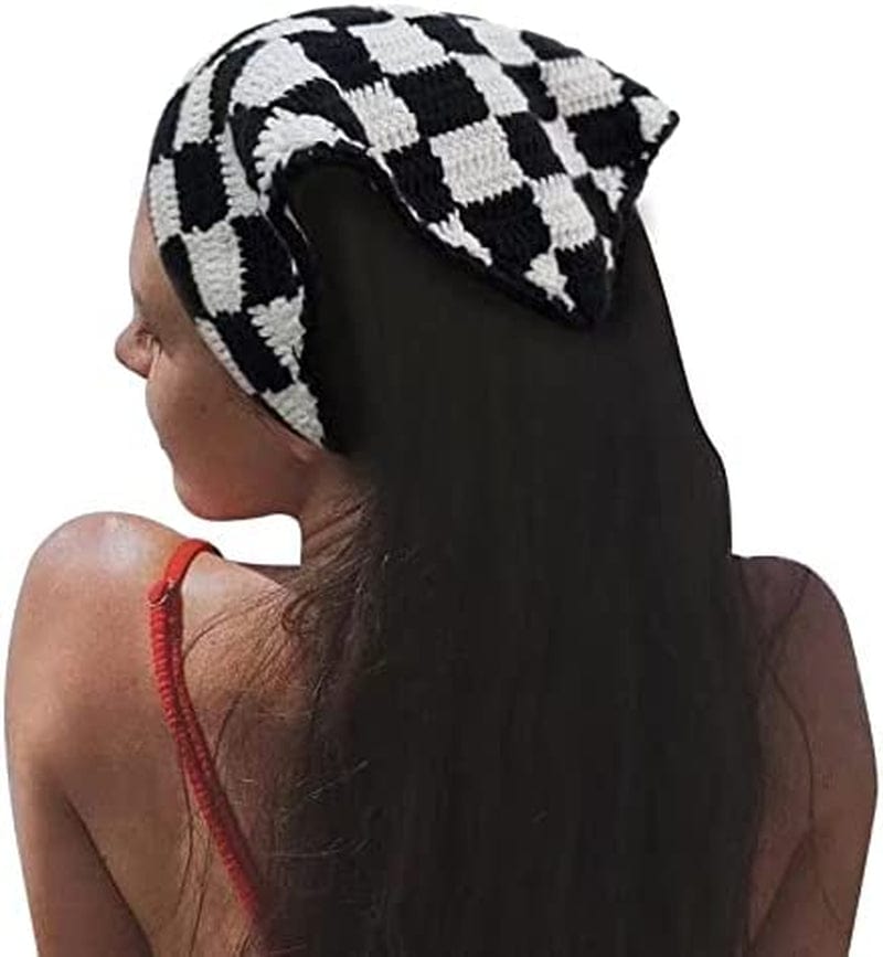 Yummyyoung Checkered Crochet Bandana Handmade Headband Y2K Kerchief Headscarf Hair Tie Back Scarf for Womens Black White Checkered Apparel & Accessories > Clothing Accessories > Bandanas & Headties YummyYoung