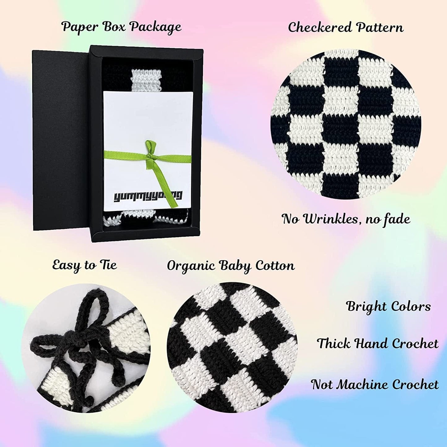 Yummyyoung Checkered Crochet Bandana Handmade Headband Y2K Kerchief Headscarf Hair Tie Back Scarf for Womens Black White Checkered Apparel & Accessories > Clothing Accessories > Bandanas & Headties YummyYoung