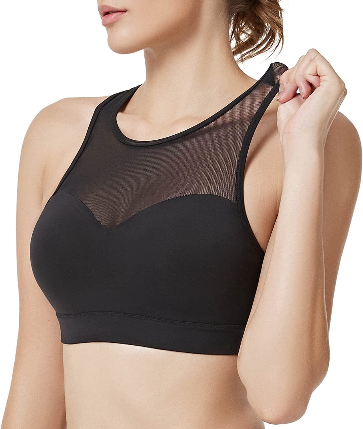 Yvette Racerback Sports Bra - High Impact Workout Gym Activewear Sports Bras for Women Running Yoga Bras Black+high Neck Mesh / Large