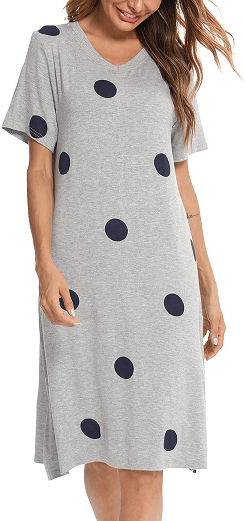 YYA Womens Nightgown Soft Short Sleeve Printed Sleep Shirt V-Neck Side Slit Nightshirt Loungewear S-3XL Apparel & Accessories > Clothing > Sleepwear & Loungewear > Nightgowns Kylie Max