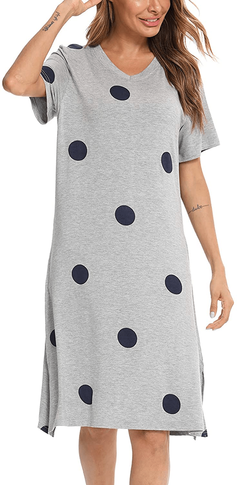 YYA Womens Nightgown Soft Short Sleeve Printed Sleep Shirt V-Neck Side Slit Nightshirt Loungewear S-3XL Apparel & Accessories > Clothing > Sleepwear & Loungewear > Nightgowns Kylie Max