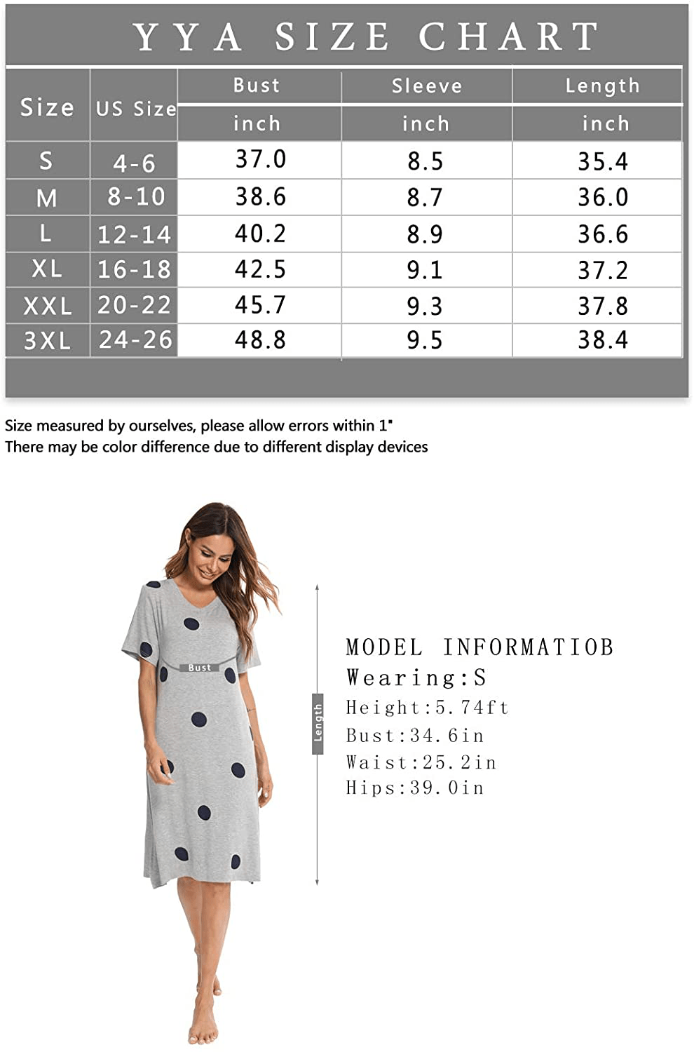 YYA Womens Nightgown Soft Short Sleeve Printed Sleep Shirt V-Neck Side Slit Nightshirt Loungewear S-3XL Apparel & Accessories > Clothing > Sleepwear & Loungewear > Nightgowns Kylie Max