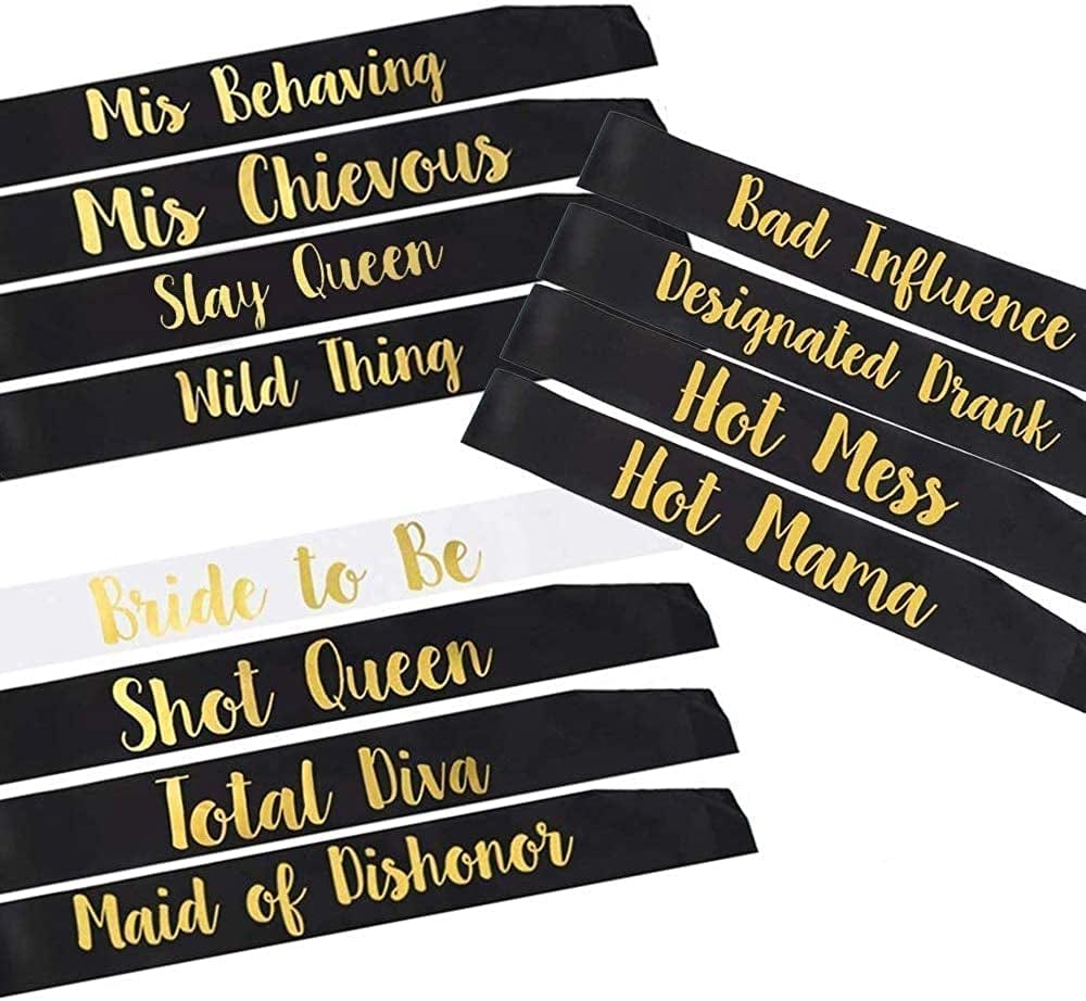 YZDING 12 Pcs Bride to Be Sash Bachelorette Party Decorations- Unique Bride and Bridesmaid Sashes for Bachelorette Party (Black, Gold Letters) Apparel & Accessories > Clothing Accessories > Sashes Zxx1