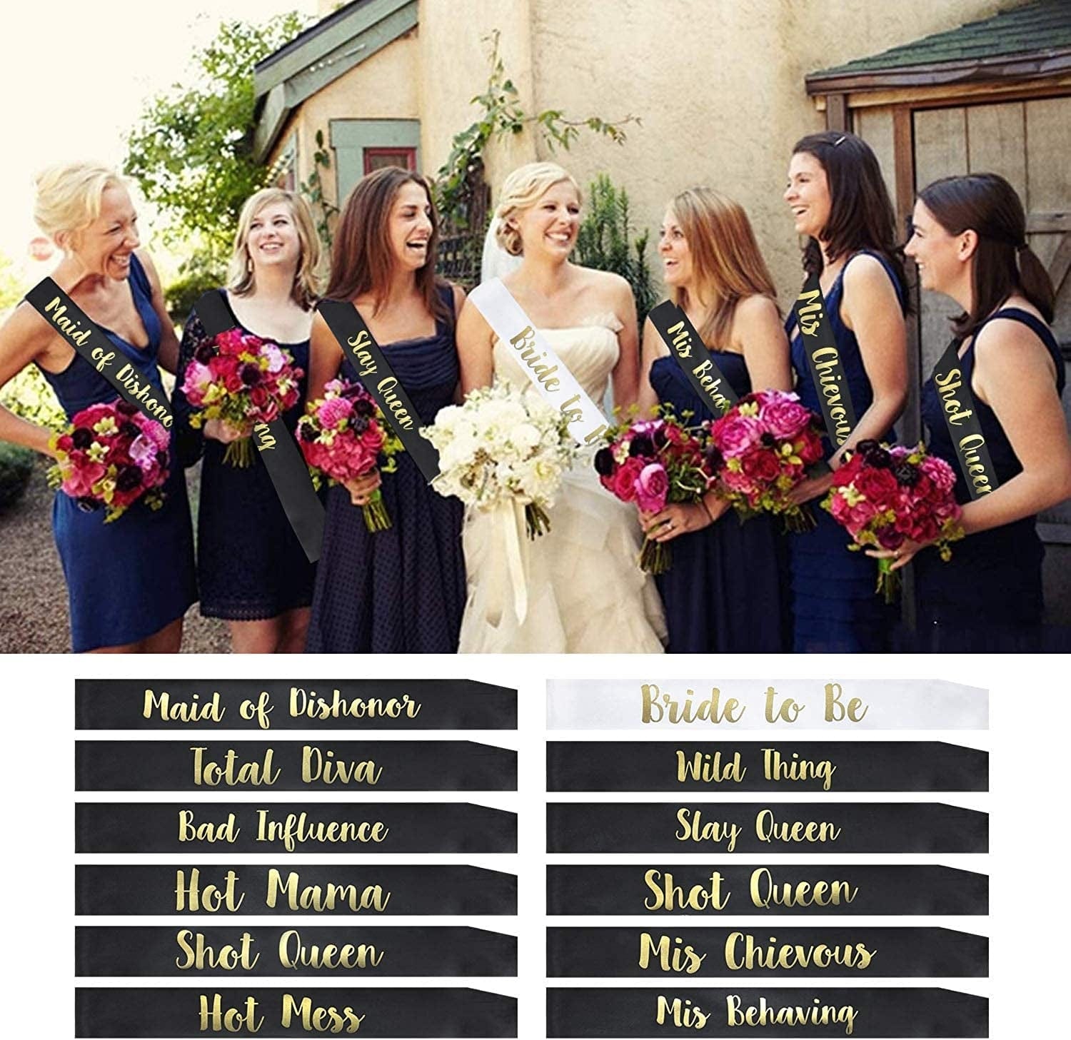 YZDING 12 Pcs Bride to Be Sash Bachelorette Party Decorations- Unique Bride and Bridesmaid Sashes for Bachelorette Party (Black, Gold Letters) Apparel & Accessories > Clothing Accessories > Sashes Zxx1