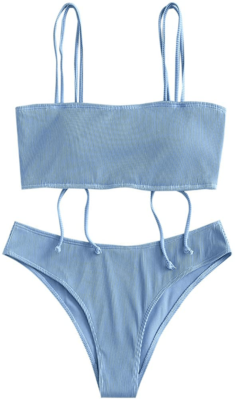 ZAFUL Bikini Removable Straps Bandeau Two Piece Bathing Suits for Women Apparel & Accessories > Clothing > Swimwear ZAFUL Light Blue-cinched Dual Strap Large