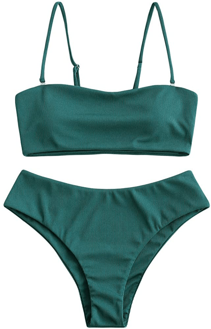 ZAFUL Bikini Removable Straps Bandeau Two Piece Bathing Suits for Women Apparel & Accessories > Clothing > Swimwear ZAFUL Peacock Blue-ribbed Large