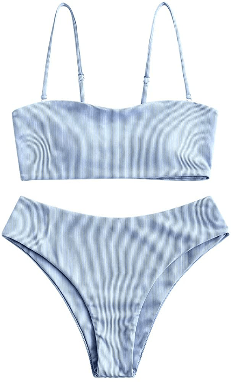 ZAFUL Bikini Removable Straps Bandeau Two Piece Bathing Suits for Women Apparel & Accessories > Clothing > Swimwear ZAFUL Light Blue-ribbed Medium