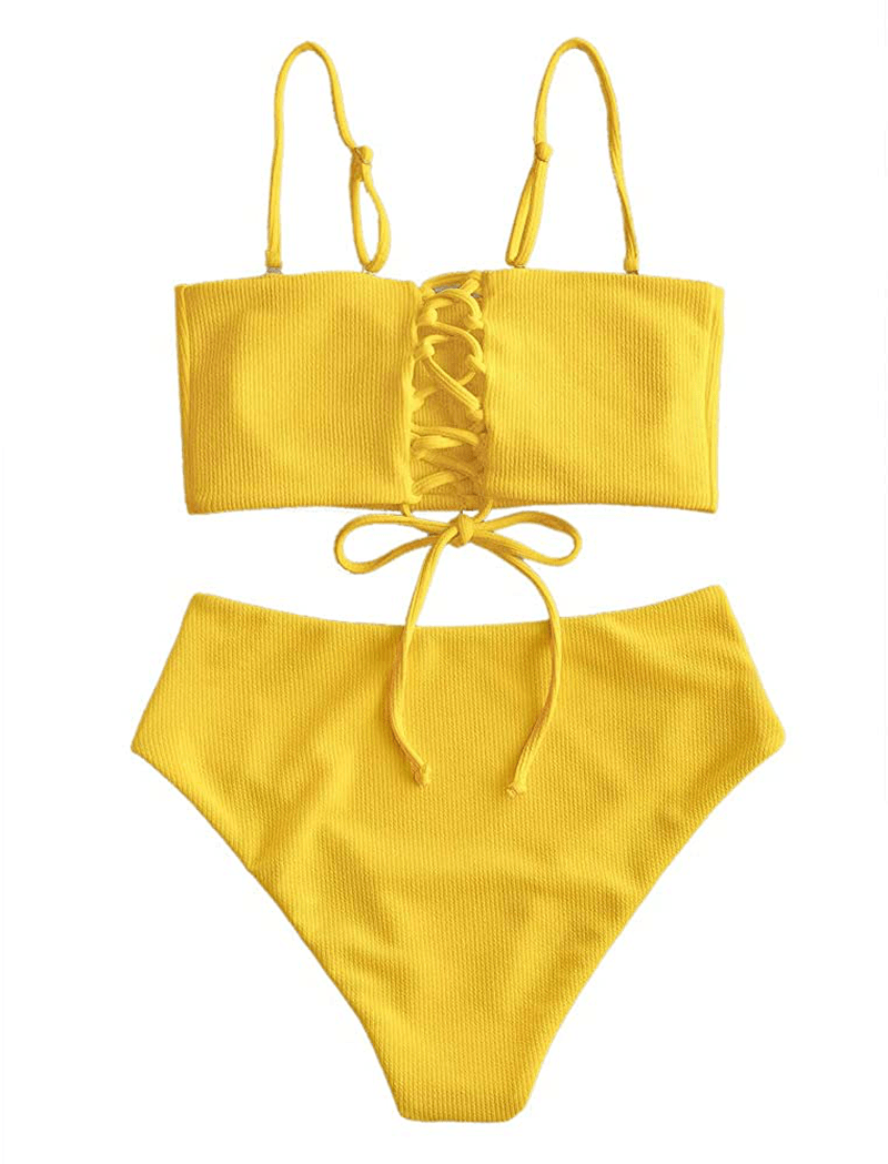 ZAFUL Bikini Removable Straps Bandeau Two Piece Bathing Suits for Women Apparel & Accessories > Clothing > Swimwear ZAFUL Yellow-back Lace-up Medium