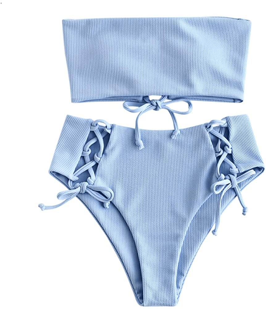 ZAFUL Bikini Removable Straps Bandeau Two Piece Bathing Suits for Women Apparel & Accessories > Clothing > Swimwear ZAFUL Sky Blue-strapless Small