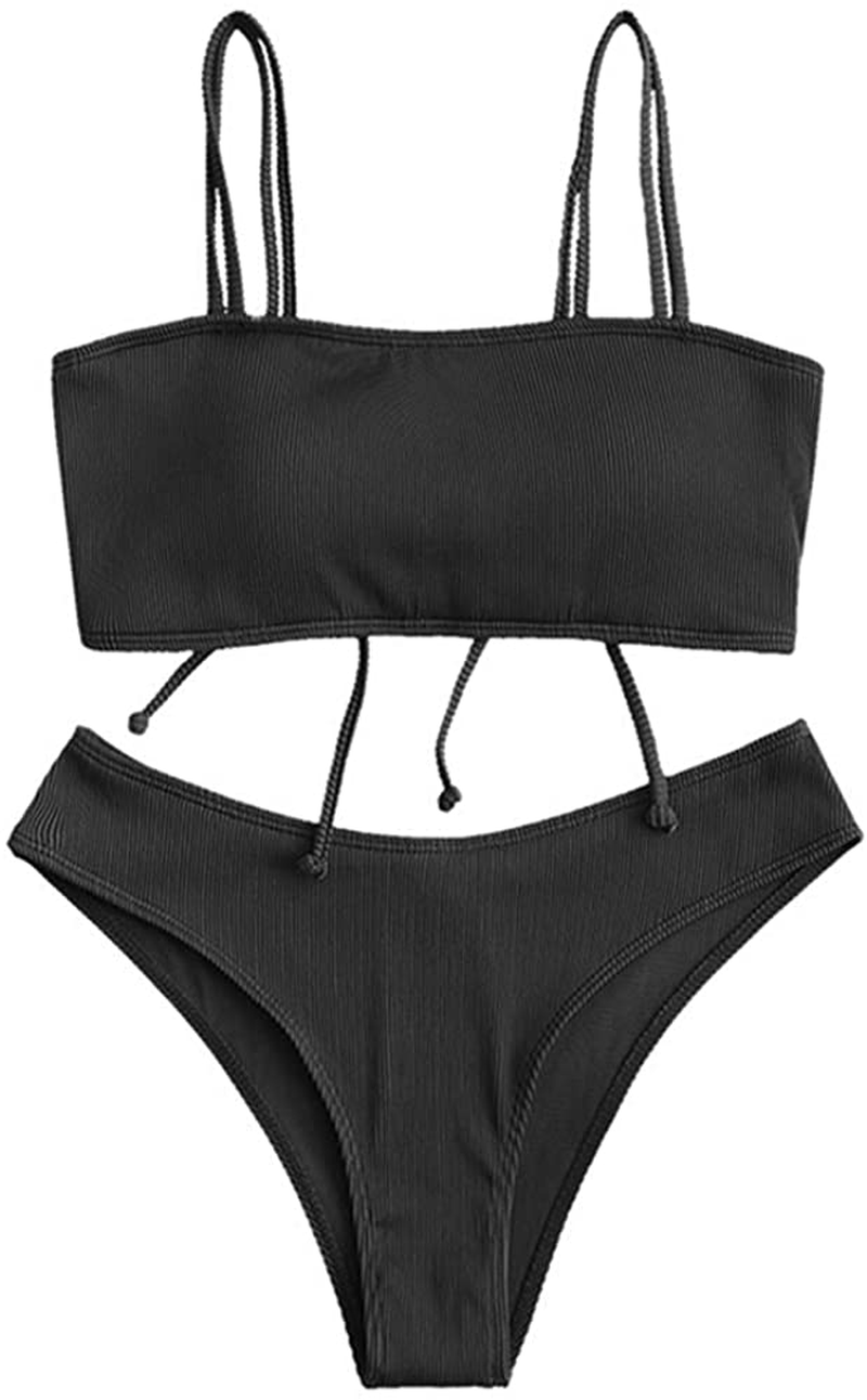 ZAFUL Bikini Removable Straps Bandeau Two Piece Bathing Suits for Women Apparel & Accessories > Clothing > Swimwear ZAFUL Black-cinched Dual Strap Small