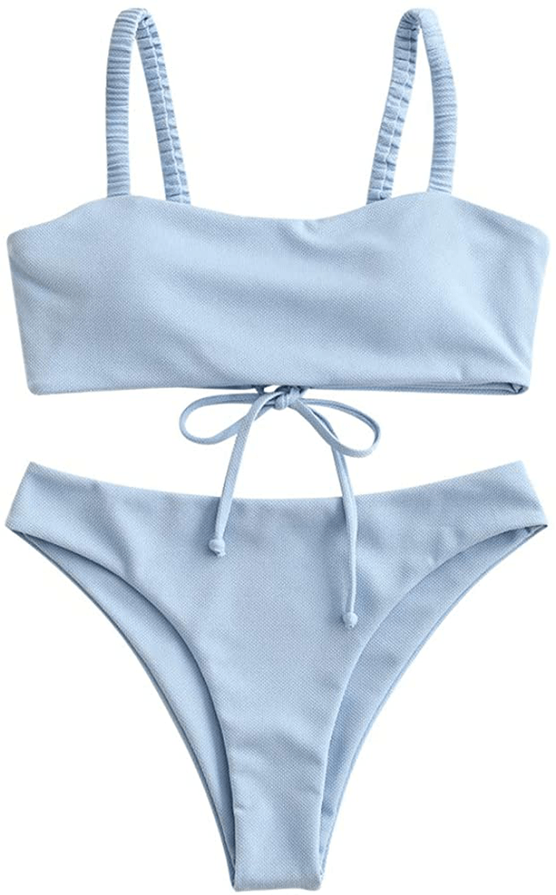 ZAFUL Bikini Removable Straps Bandeau Two Piece Bathing Suits for Women Apparel & Accessories > Clothing > Swimwear ZAFUL Light Blue-elasticated Straps Small