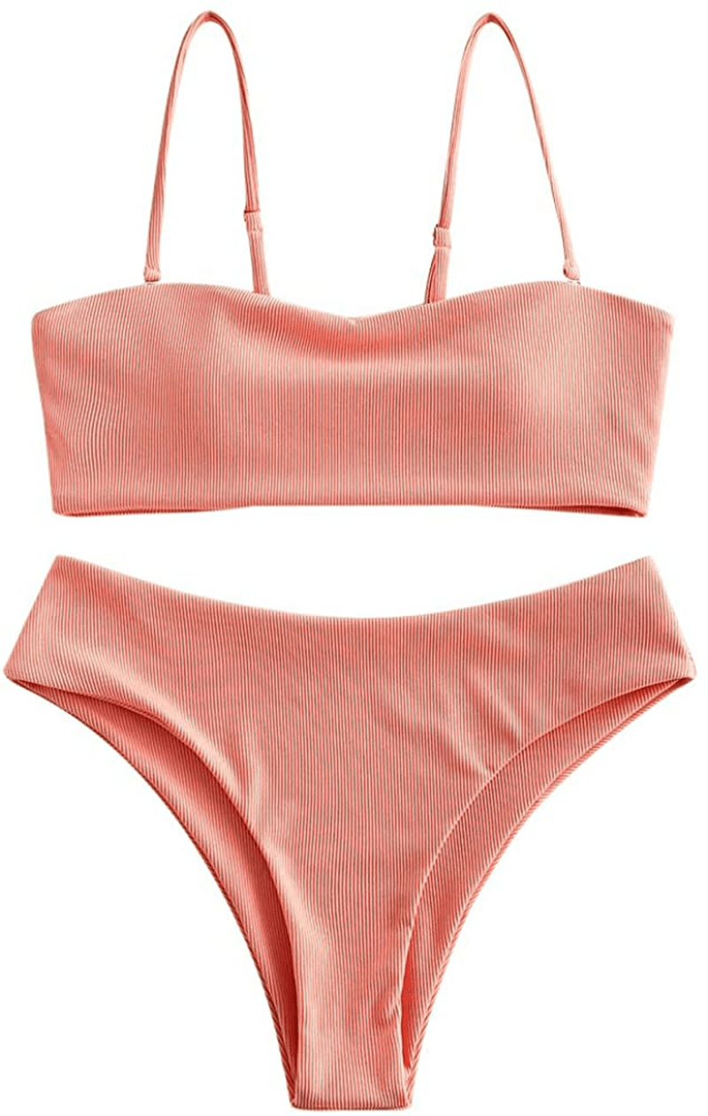ZAFUL Bikini Removable Straps Bandeau Two Piece Bathing Suits for Women Apparel & Accessories > Clothing > Swimwear ZAFUL Orange Pink-ribbed Medium