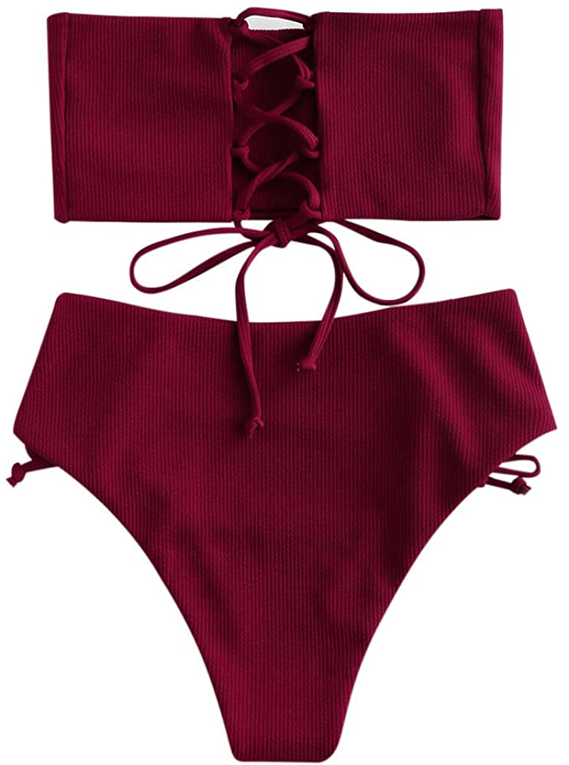 ZAFUL Bikini Removable Straps Bandeau Two Piece Bathing Suits for Women Apparel & Accessories > Clothing > Swimwear ZAFUL Red Wine-strapless Large