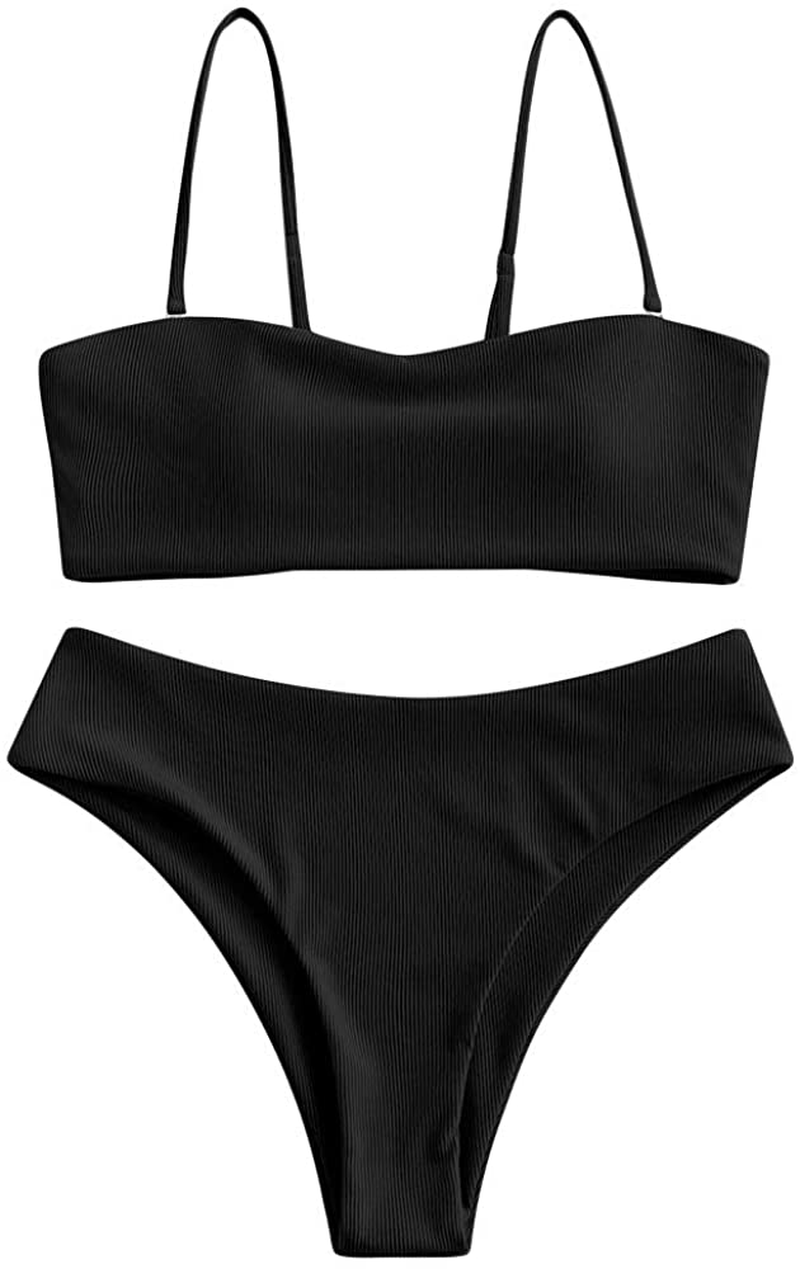 ZAFUL Bikini Removable Straps Bandeau Two Piece Bathing Suits for Women Apparel & Accessories > Clothing > Swimwear ZAFUL Black-ribbed Small
