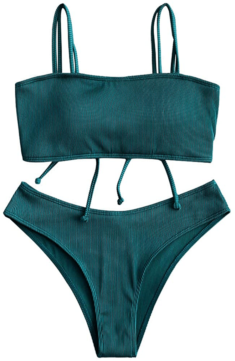 ZAFUL Bikini Removable Straps Bandeau Two Piece Bathing Suits for Women Apparel & Accessories > Clothing > Swimwear ZAFUL Peacock Blue-cinched Dual Strap Large