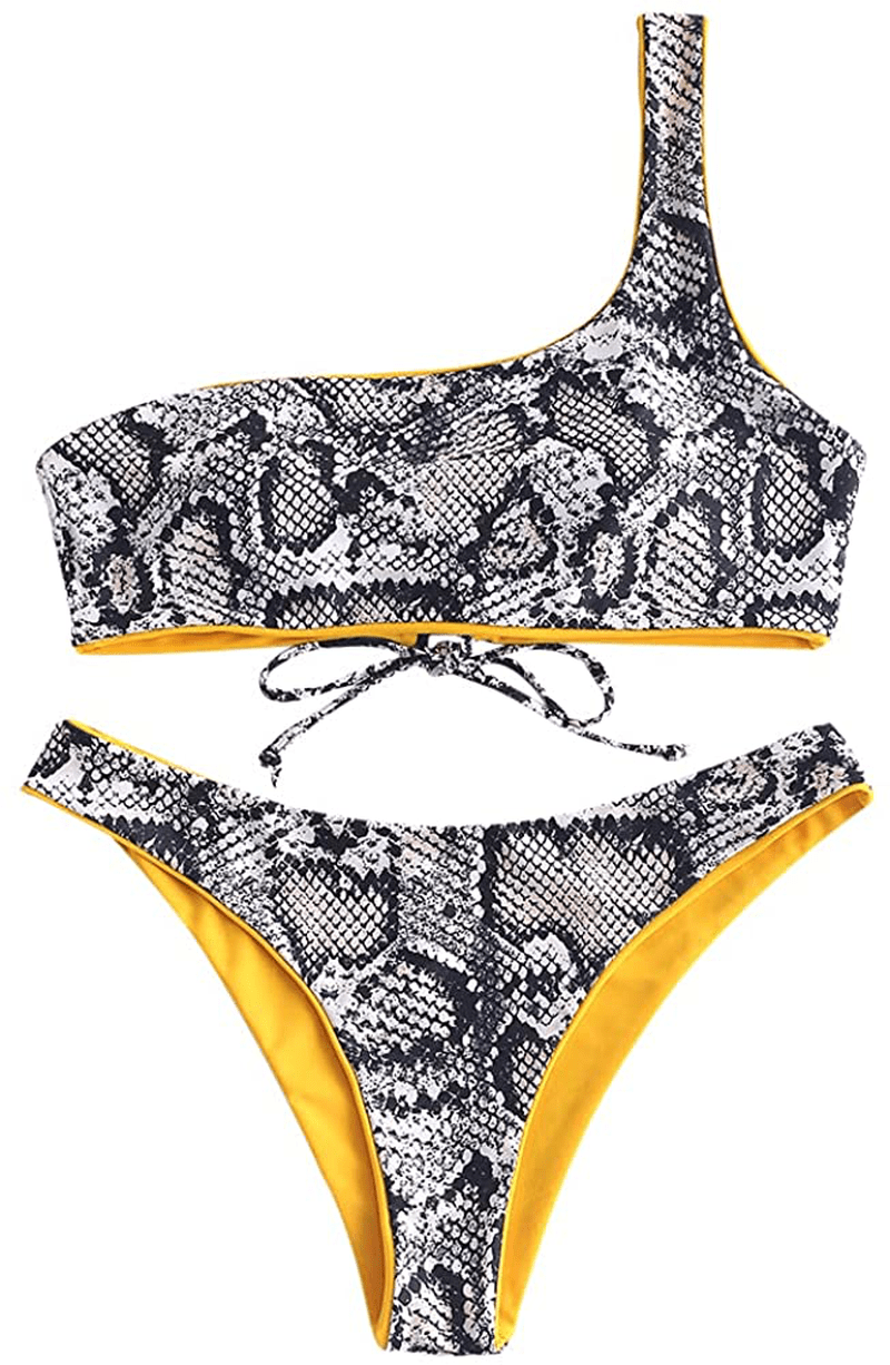 ZAFUL Bikini Snakeskin One Shoulder Reversible Bathing Suit Padded Lace Up 2 Piece Swimsuits for Women Apparel & Accessories > Clothing > Swimwear ZAFUL Mustard Large