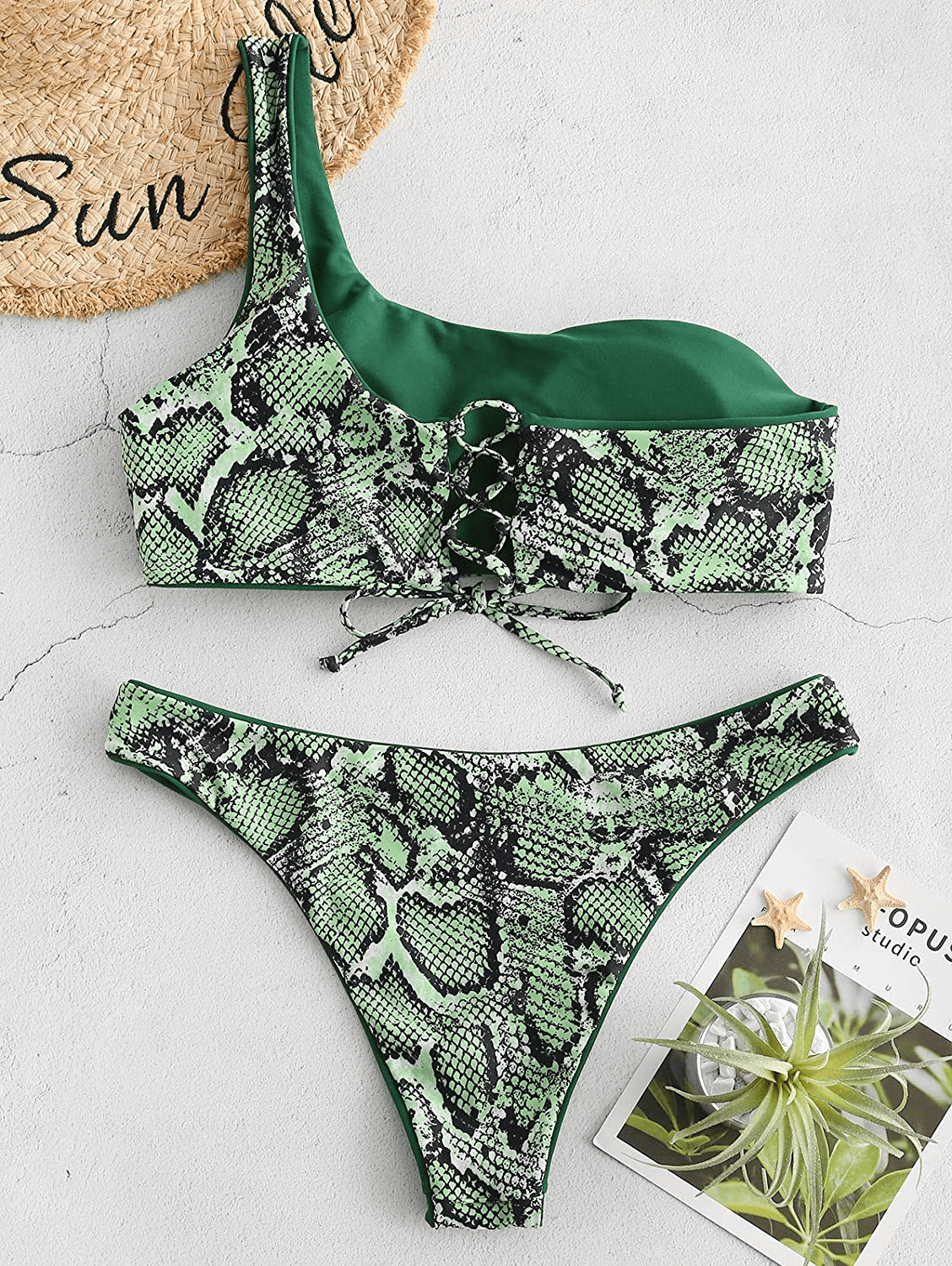 ZAFUL Bikini Snakeskin One Shoulder Reversible Bathing Suit Padded Lace Up 2 Piece Swimsuits for Women Apparel & Accessories > Clothing > Swimwear ZAFUL