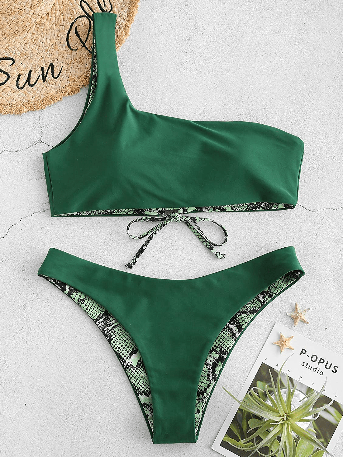 ZAFUL Bikini Snakeskin One Shoulder Reversible Bathing Suit Padded Lace Up 2 Piece Swimsuits for Women Apparel & Accessories > Clothing > Swimwear ZAFUL