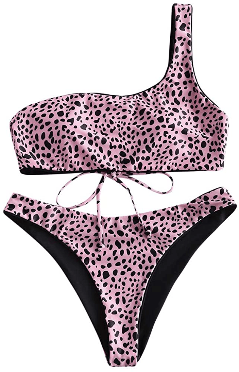 ZAFUL Bikini Snakeskin One Shoulder Reversible Bathing Suit Padded Lace Up 2 Piece Swimsuits for Women Apparel & Accessories > Clothing > Swimwear ZAFUL Blush Red Medium
