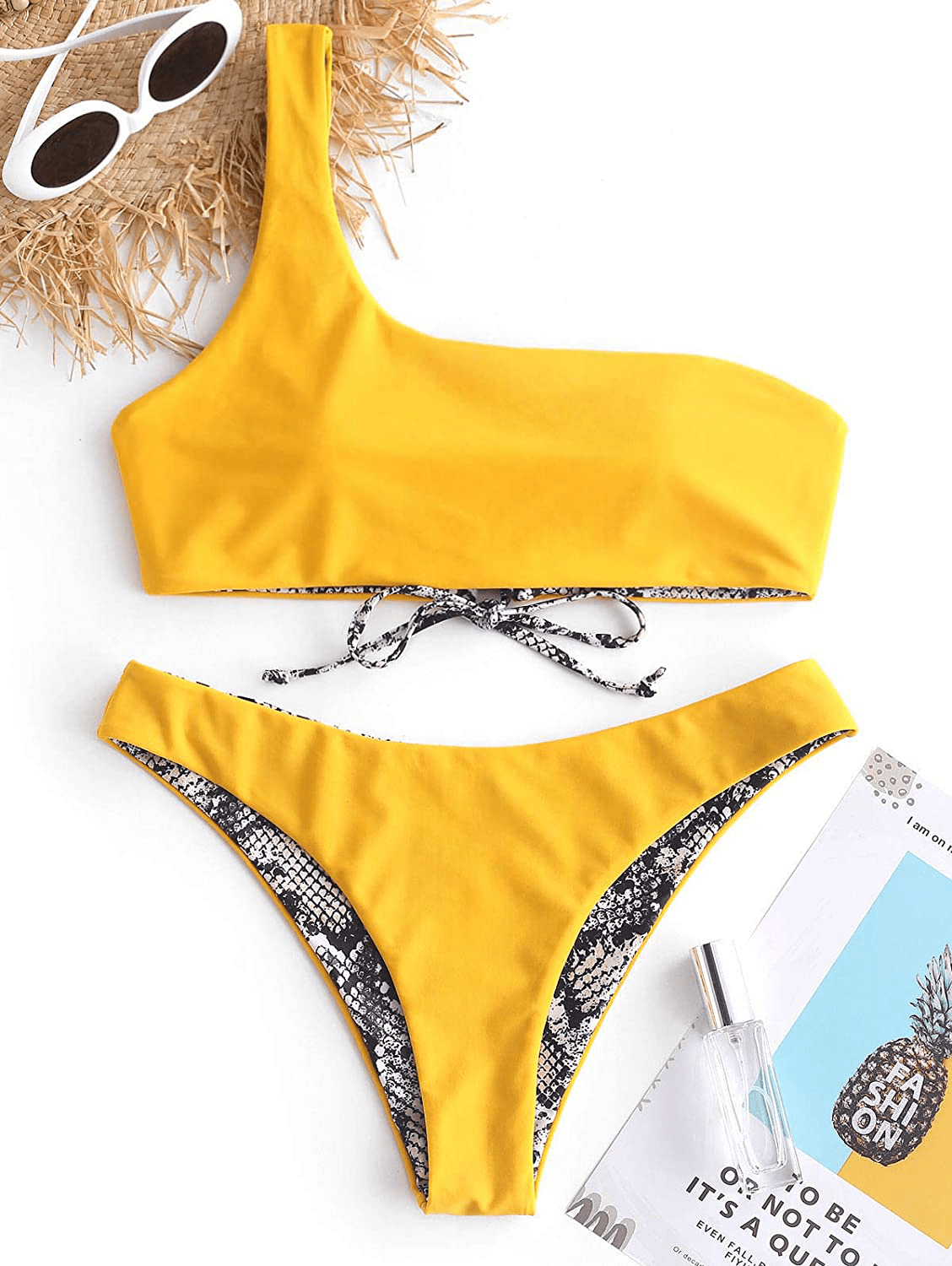 ZAFUL Bikini Snakeskin One Shoulder Reversible Bathing Suit Padded Lace Up 2 Piece Swimsuits for Women Apparel & Accessories > Clothing > Swimwear ZAFUL