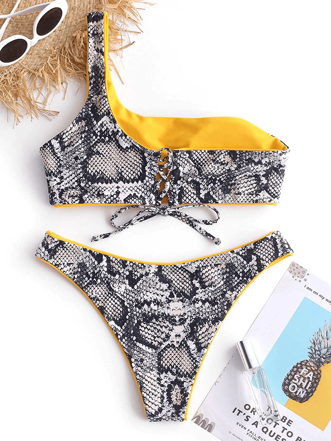 ZAFUL Bikini Snakeskin One Shoulder Reversible Bathing Suit Padded Lace Up 2 Piece Swimsuits for Women Apparel & Accessories > Clothing > Swimwear ZAFUL