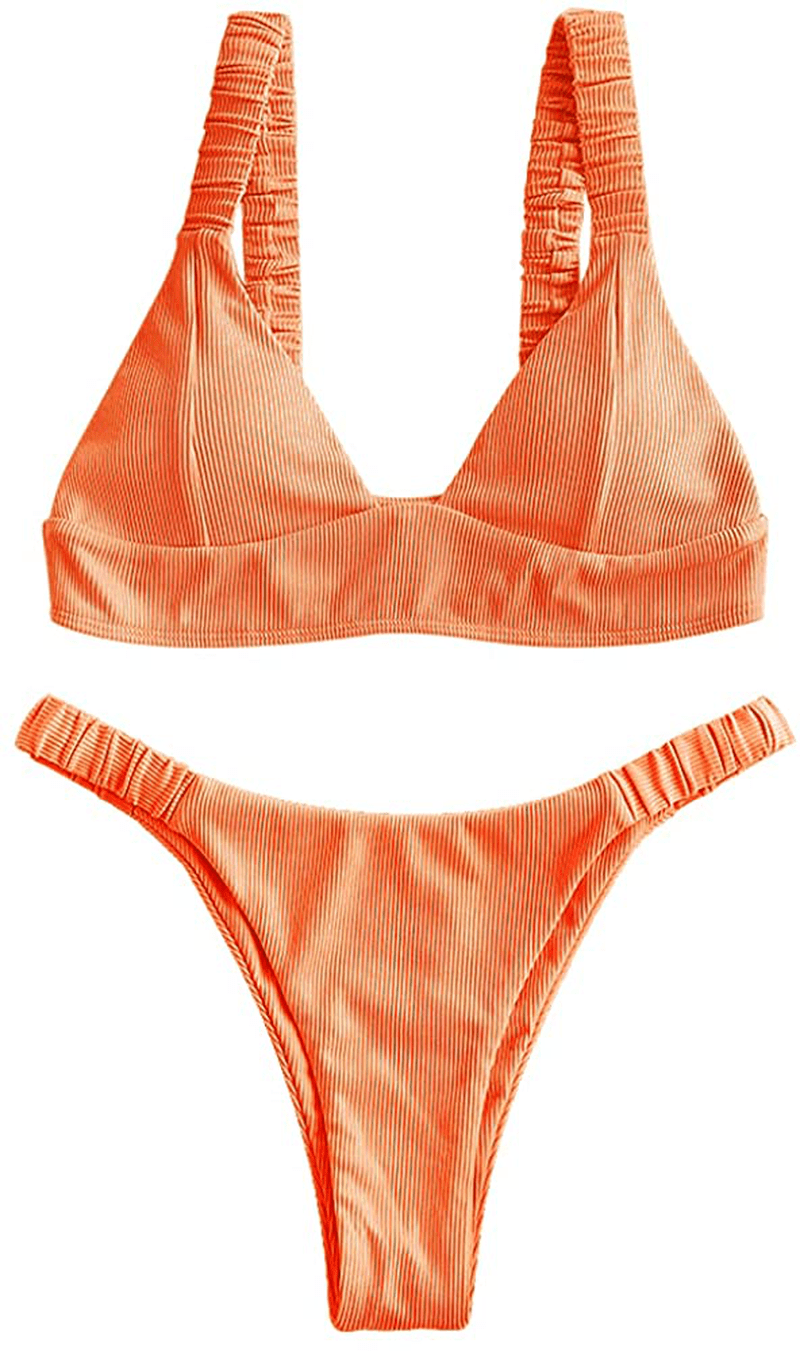 ZAFUL Women 2 Pieces Swimsuit with Elastic Straps, Ribbed Low Waisted Sexy Thong Bikini Bathing Suit Apparel & Accessories > Clothing > Swimwear Kylie Max