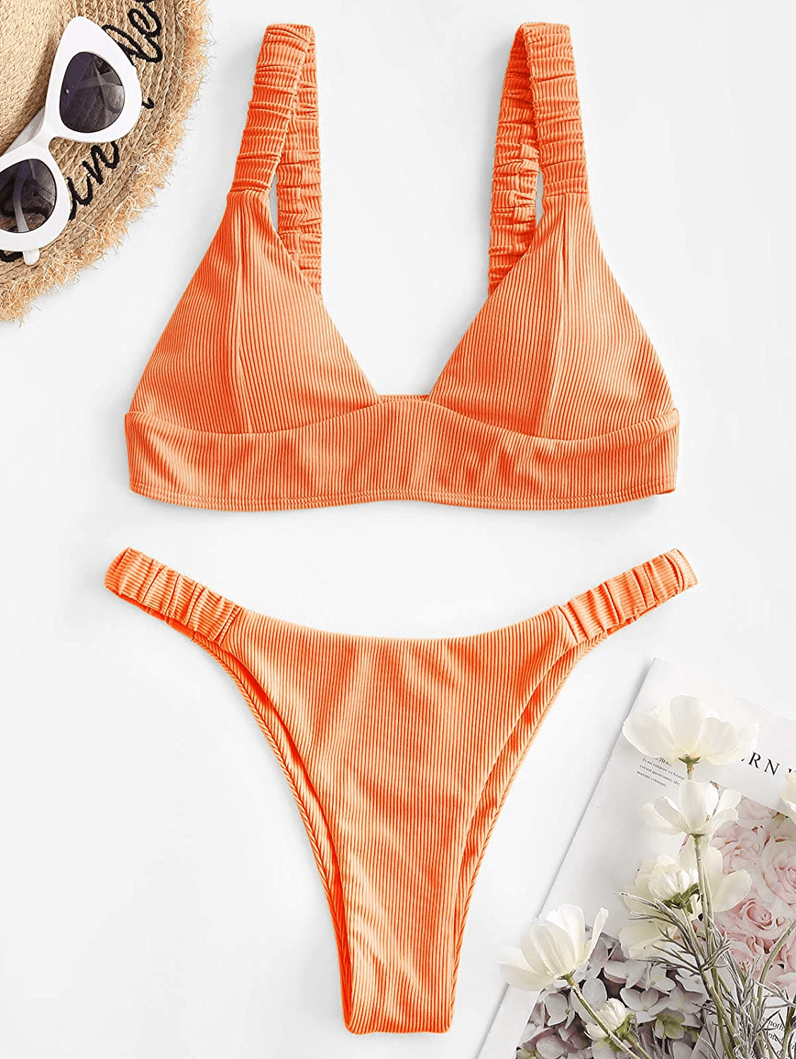 ZAFUL Women 2 Pieces Swimsuit with Elastic Straps, Ribbed Low Waisted Sexy Thong Bikini Bathing Suit Apparel & Accessories > Clothing > Swimwear Kylie Max