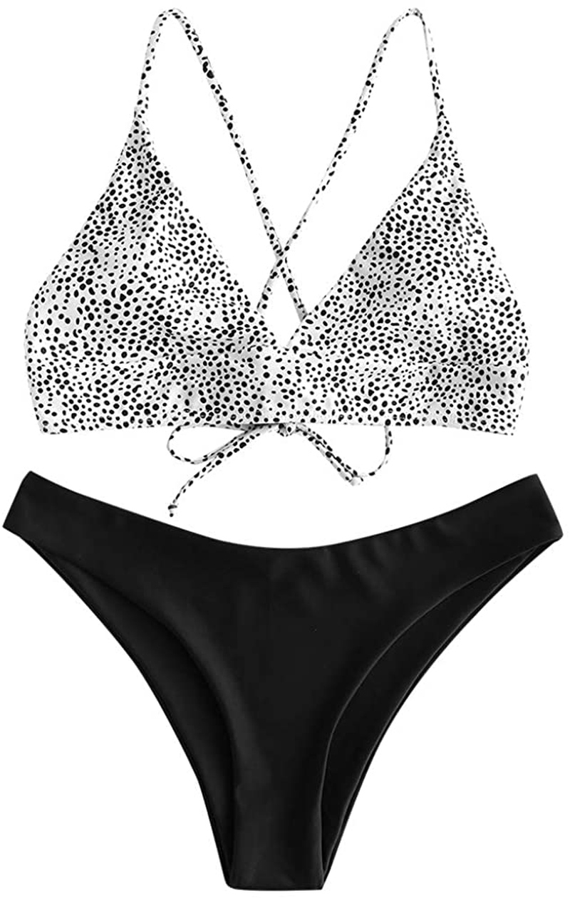 ZAFUL Women Braided Straps Lace up Contrast Bikini Set Bralette Swimsuit Flower Bathing Suit Cross Low Waist Swimwear Kylie Max
