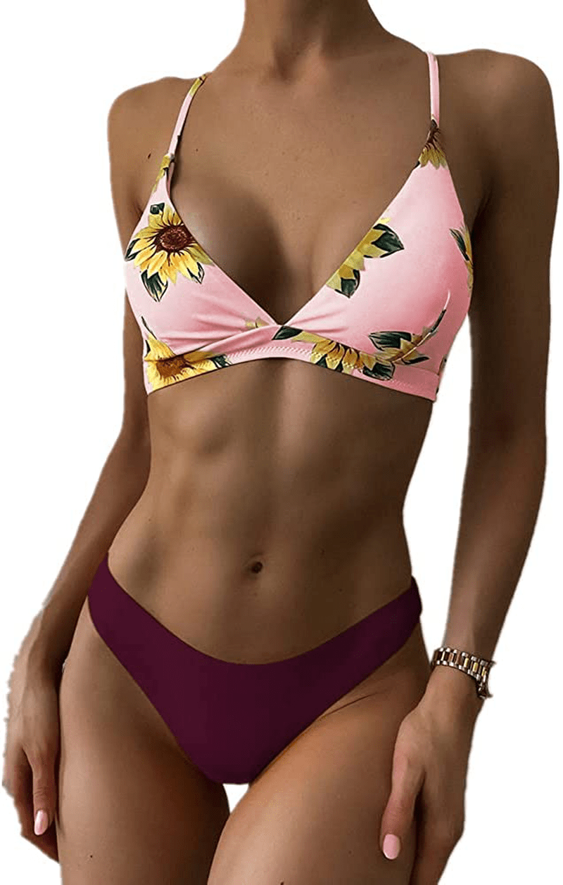ZAFUL Women Braided Straps Lace up Contrast Bikini Set Bralette Swimsuit Flower Bathing Suit Cross Low Waist Swimwear Kylie Max