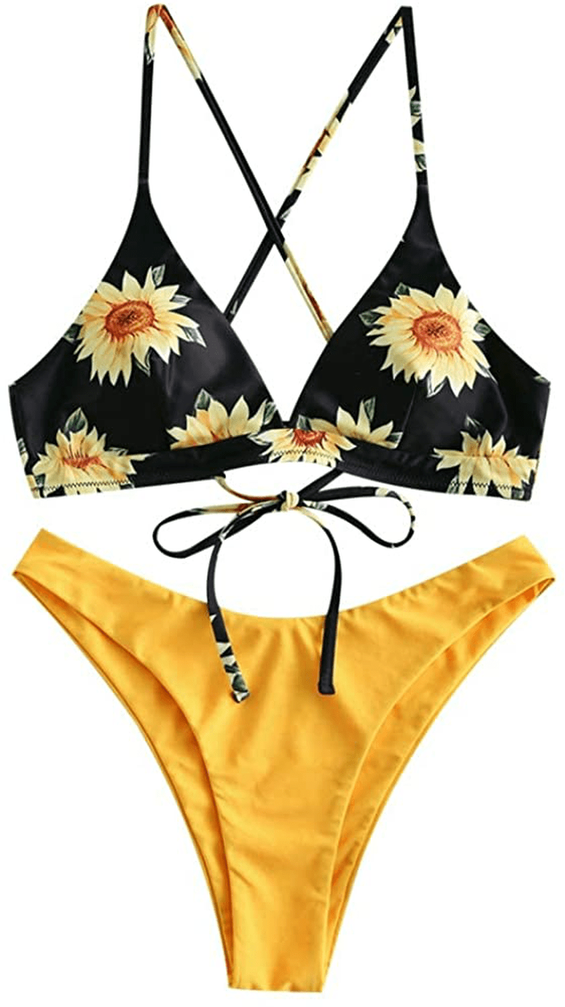 ZAFUL Women Braided Straps Lace up Contrast Bikini Set Bralette Swimsuit Flower Bathing Suit Cross Low Waist Swimwear  Kylie Max