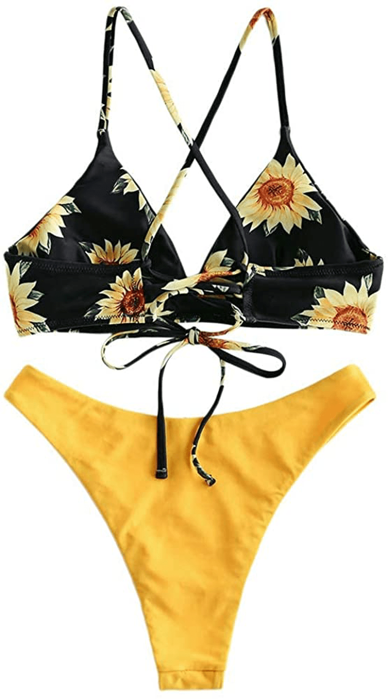 ZAFUL Women Braided Straps Lace up Contrast Bikini Set Bralette Swimsuit Flower Bathing Suit Cross Low Waist Swimwear Kylie Max
