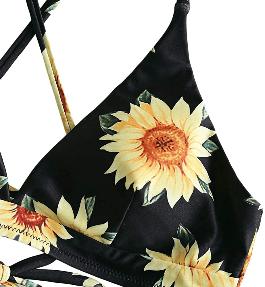 ZAFUL Women Braided Straps Lace up Contrast Bikini Set Bralette Swimsuit Flower Bathing Suit Cross Low Waist Swimwear Kylie Max