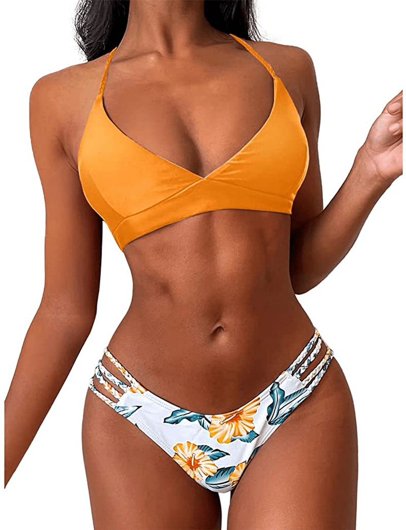 ZAFUL Women Braided Straps Lace up Contrast Bikini Set Bralette Swimsuit Flower Bathing Suit Cross Low Waist Swimwear  Kylie Max
