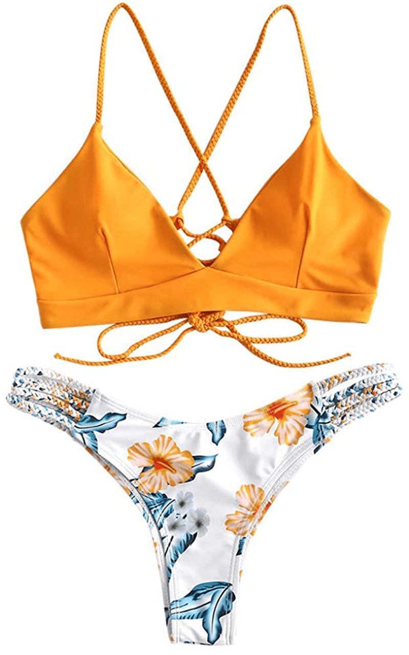 ZAFUL Women Braided Straps Lace up Contrast Bikini Set Bralette Swimsuit Flower Bathing Suit Cross Low Waist Swimwear Kylie Max