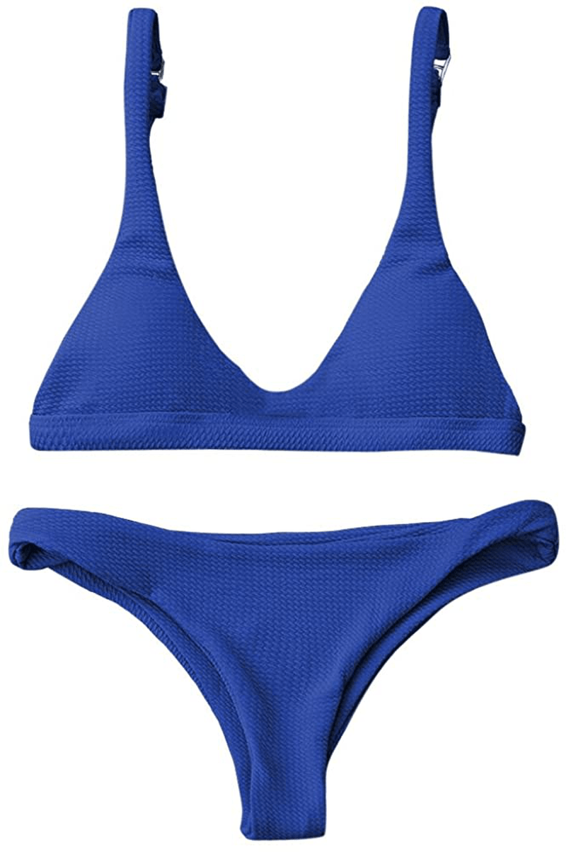 ZAFUL Women Padded Scoop Neck 2 Pieces Push Up Swimsuit Revealing Thong Bikinis V Bottom Style Brazilian Bottom Bra Sets Apparel & Accessories > Clothing > Swimwear ZAFUL Sapphire Sapphire Blue Large