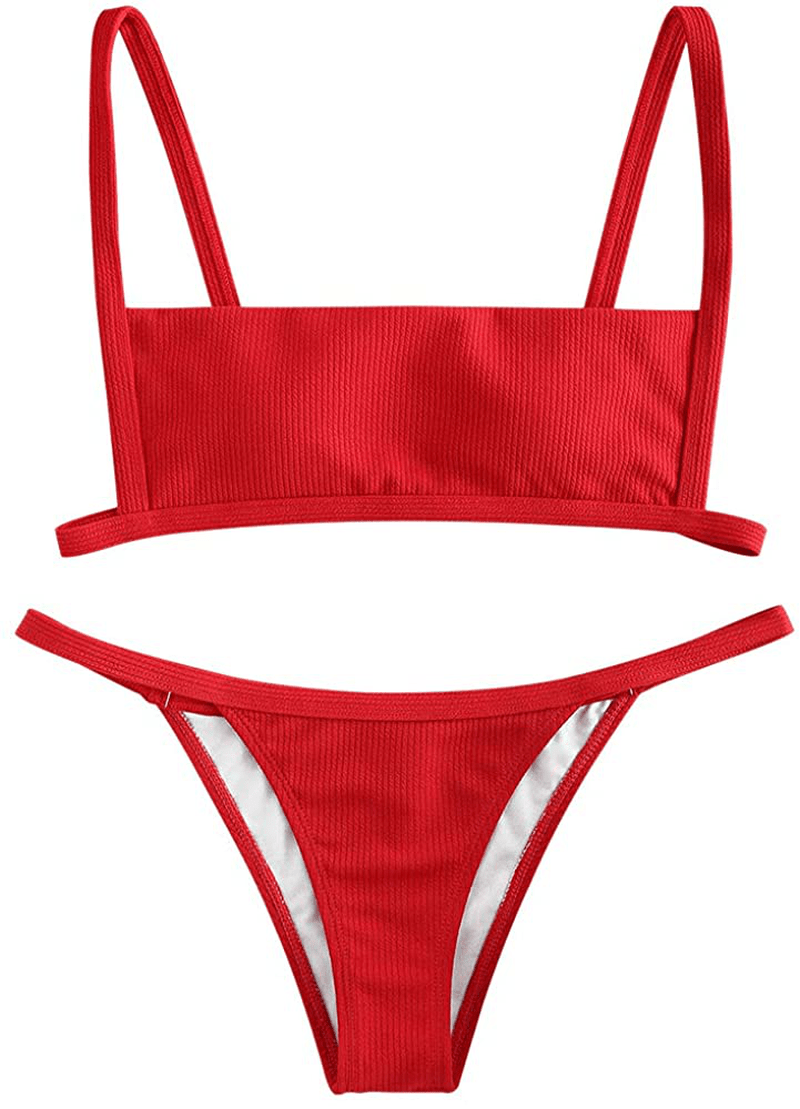 ZAFUL Women Ribbed Square Collar Bikini Swimwear with Removable Padded Apparel & Accessories > Clothing > Swimwear ZAFUL Lava Red Small