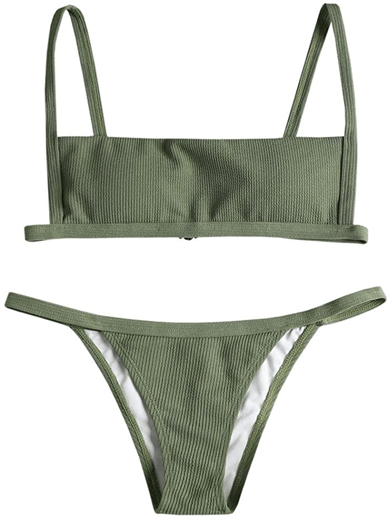 ZAFUL Women Ribbed Square Collar Bikini Swimwear with Removable Padded Apparel & Accessories > Clothing > Swimwear ZAFUL Forest Green Large