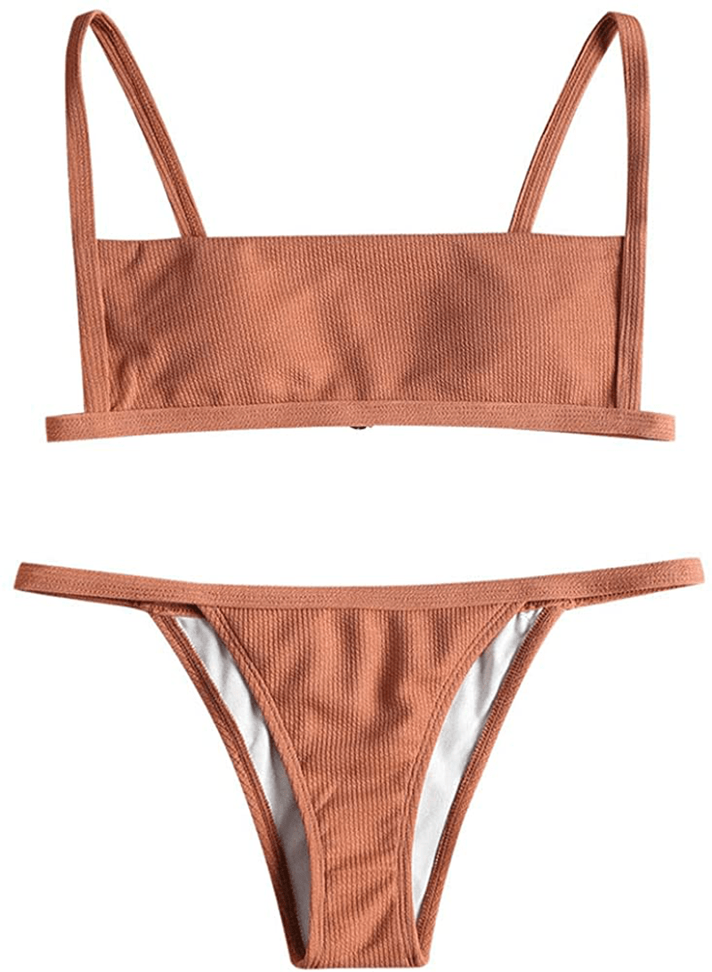 ZAFUL Women Ribbed Square Collar Bikini Swimwear with Removable Padded Apparel & Accessories > Clothing > Swimwear ZAFUL Orange Salmon Small