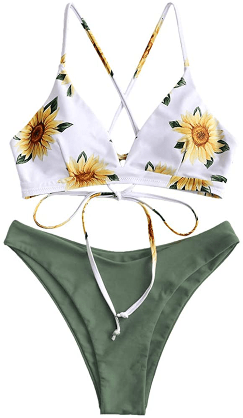 ZAFUL Women's Back Lace-up Swimsuit Flower Print Cheeky Thong Bikini Apparel & Accessories > Clothing > Swimwear ZAFUL Camouflage Green Small