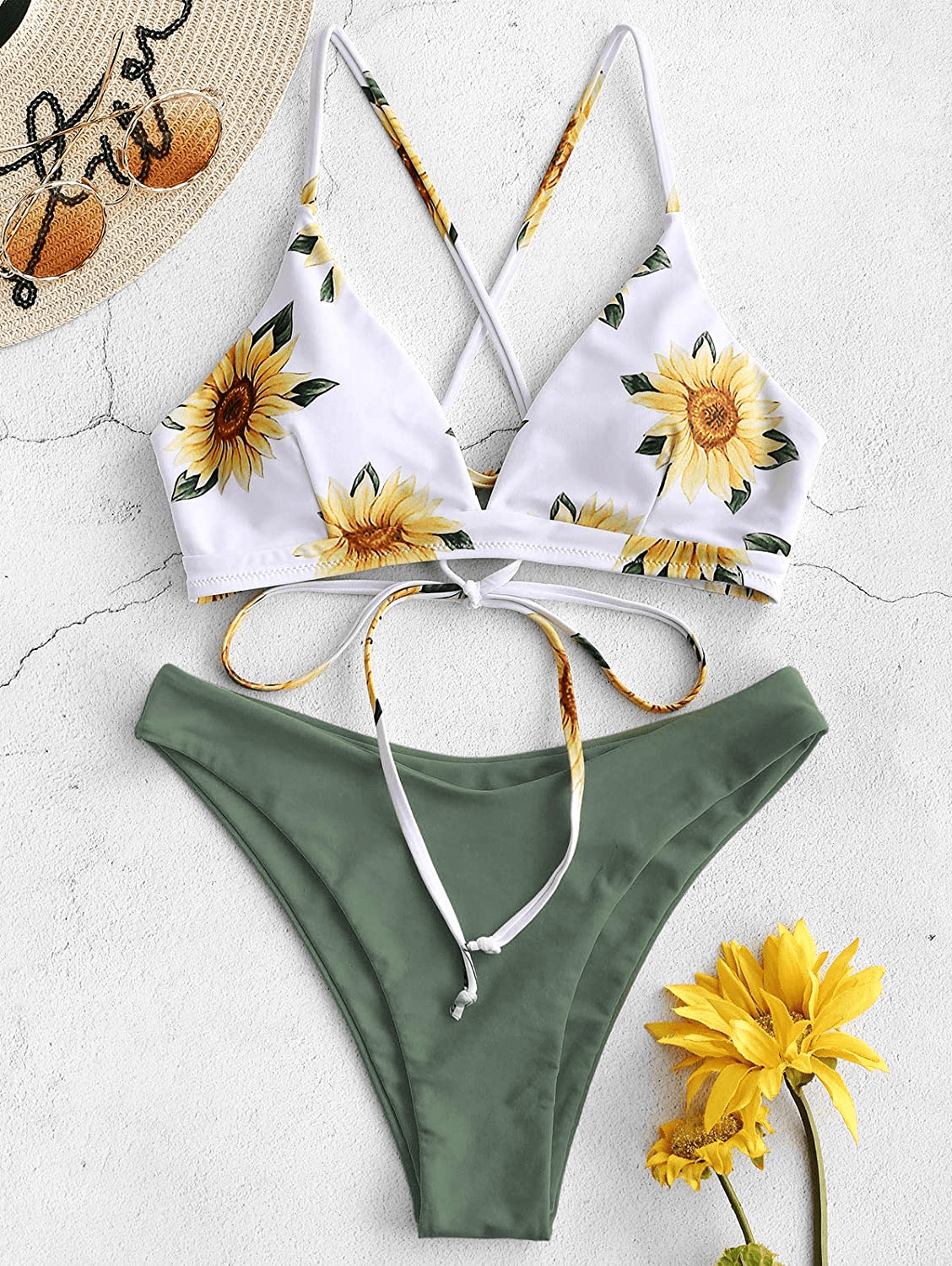 ZAFUL Women's Back Lace-up Swimsuit Flower Print Cheeky Thong Bikini Apparel & Accessories > Clothing > Swimwear ZAFUL
