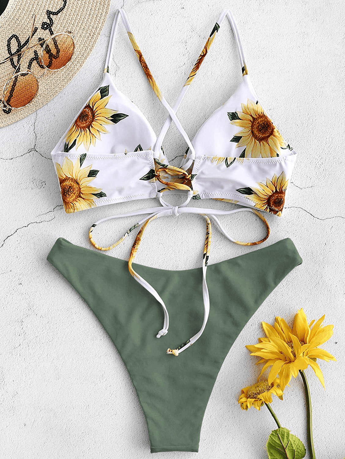 ZAFUL Women's Back Lace-up Swimsuit Flower Print Cheeky Thong Bikini Apparel & Accessories > Clothing > Swimwear ZAFUL