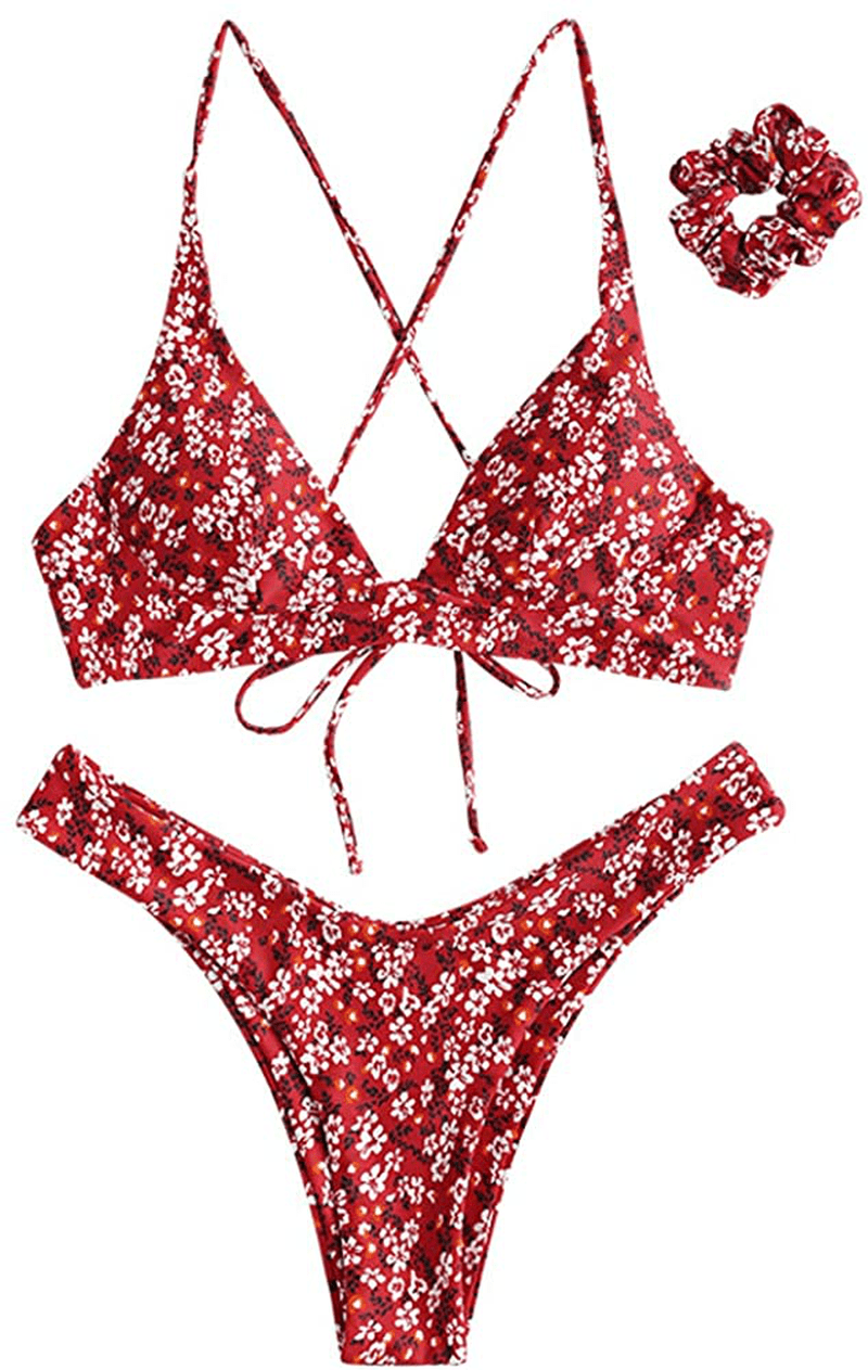 ZAFUL Women's Back Lace-up Swimsuit Flower Print Cheeky Thong Bikini Apparel & Accessories > Clothing > Swimwear ZAFUL Tiny Floral-red Medium