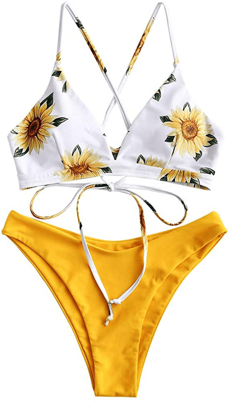 ZAFUL Women's Back Lace-up Swimsuit Flower Print Cheeky Thong Bikini Apparel & Accessories > Clothing > Swimwear ZAFUL Rubber Ducky Yellow Medium