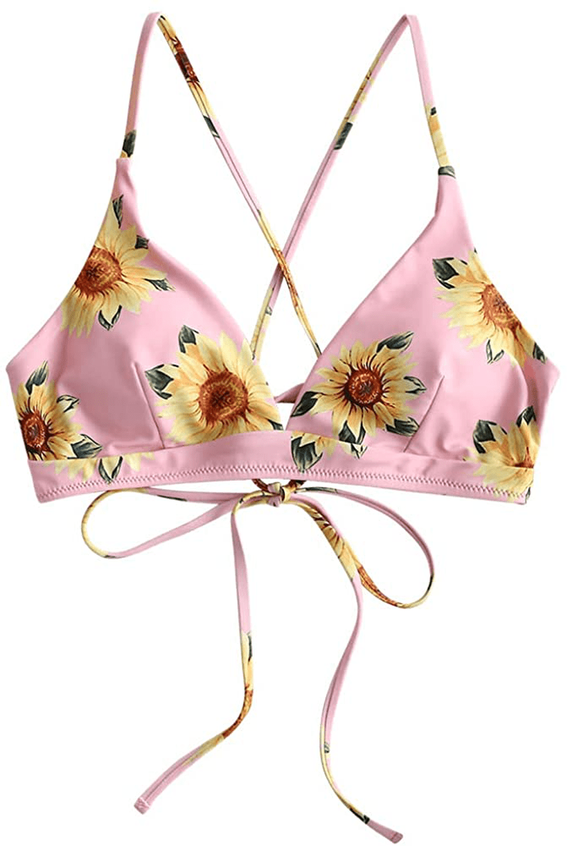 ZAFUL Women's Back Lace-up Swimsuit Flower Print Cheeky Thong Bikini Apparel & Accessories > Clothing > Swimwear ZAFUL Top Only - Sunflower & Pink Large