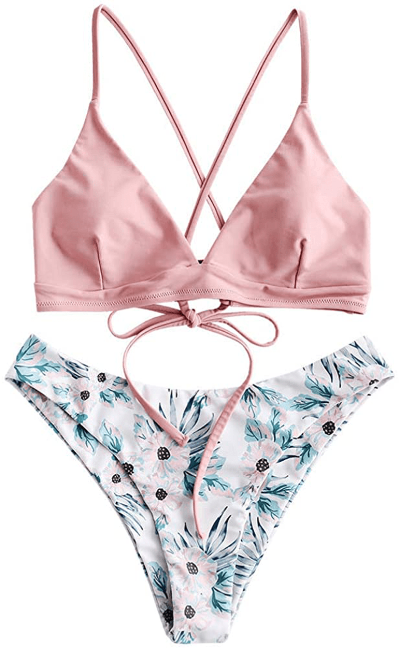 ZAFUL Women's Back Lace-up Swimsuit Flower Print Cheeky Thong Bikini Apparel & Accessories > Clothing > Swimwear ZAFUL Flower & Light Pink Small