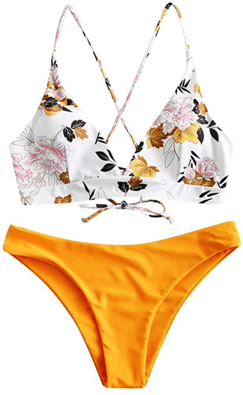 ZAFUL Women's Back Lace-up Swimsuit Flower Print Cheeky Thong Bikini Apparel & Accessories > Clothing > Swimwear ZAFUL White&bright Yellow-flower Leaf Large