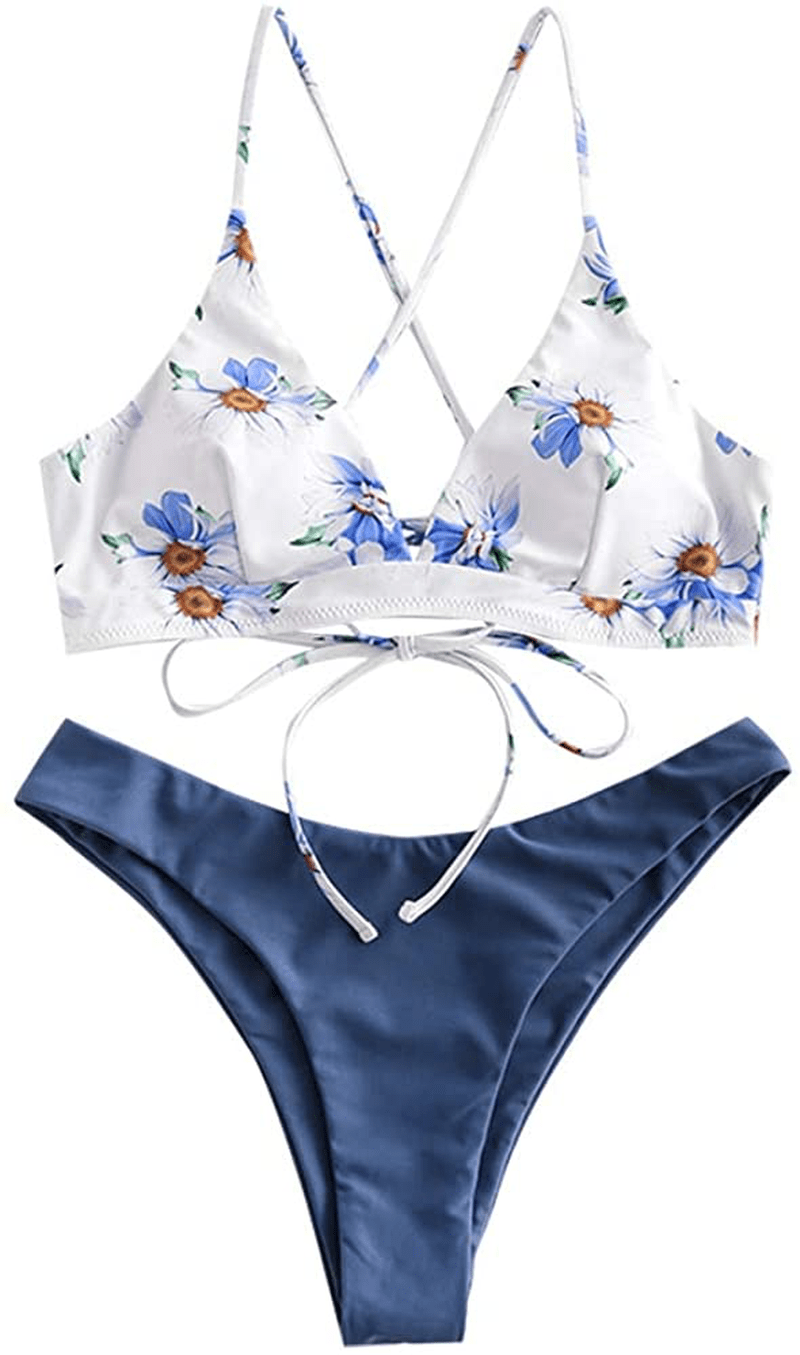ZAFUL Women's Back Lace-up Swimsuit Flower Print Cheeky Thong Bikini Apparel & Accessories > Clothing > Swimwear ZAFUL White&silk Blue-floral Medium